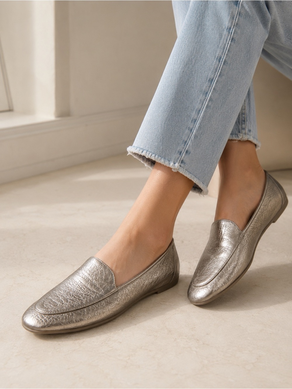 Birdies The Vesper Metallic Pewter Leather Loafers Flats Size 10.5